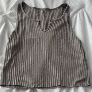 American Eagle Outfitters Ribbed V-Notch Tank Top - Taupe Brown